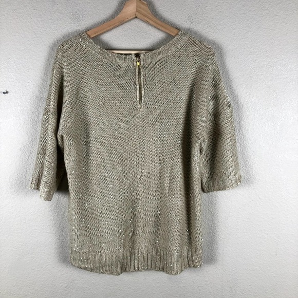 ALLEN B by Allen Schwartz Womens Sweater Medium Gold Knit Shimmery Crew Neck Zip - Picture 2 of 12